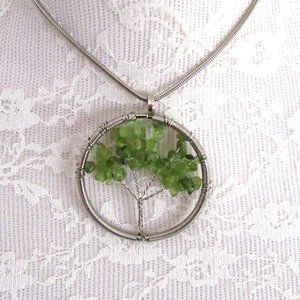 Faux jade wire wrapped silver tree of life pendant & 14" chain